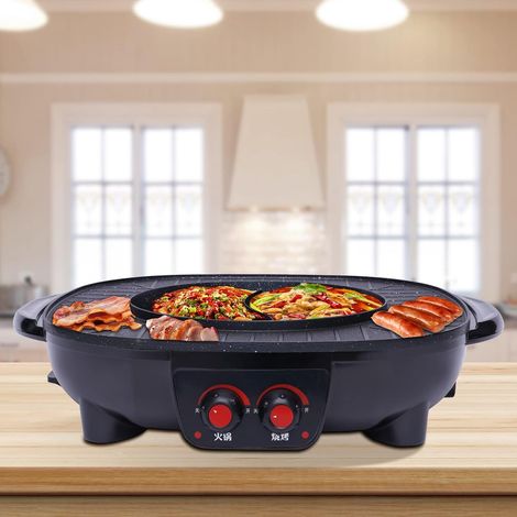 Elektrischer Hot Pot und Grillplatte 2 in 1, elektrischer BBQ-Hot Pot mit großer Kapazität, doppelte Temperaturregelung, geteiltes Design, leicht zu reinigen, für Familienrestaurants