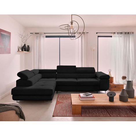 Bestmobilier – Canapé d'angle gauche convertible 5 places avec coffre – Têtières réglables – Revêtement velours côtelé – Pieds métal chromés