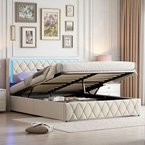 Cama Cofre Doble 140x200 Cama Hidráulica con Somier de Almacenamiento Gas Terciopelo Beige LED RGB Estación de Carga Diseño Moderno