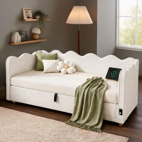 Cadre de lit beige en velours 216 x 102,5 x 74,5 cm (1/5)