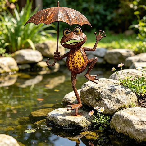 Décoration de jardin extérieur JeiibrZui - 33 x 17 cm - Brochette en métal (1 pièce) - Figurine de grenouille aspect rouillé pour massifs de fleurs et pots (1/5)