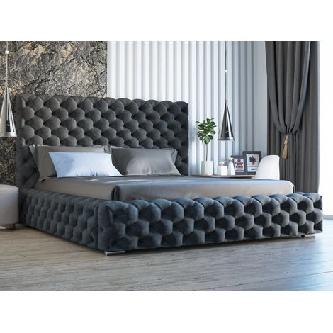 Graingold – Lit coffre 200x200 velours noir – Rangement avec vérins à gaz – Tête de lit capitonnée – Tissu Monolith 95 hydrophobe (1/5)