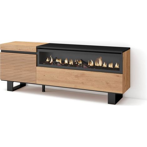 Skraut Home - Mueble TV, Televisión, Muebles de salón, almacenaje, 150x57x35cm, Para TV hasta 65", Chimenea eléctrica, Diseño industrial, Estilo Moderno, Roble (1/5)