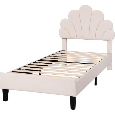 Lit rembourré pour enfant 90 x 200 cm, cadre de lit avec tête de lit en forme de fleur et sommier à lattes, lit pour adolescente en tissu velours doux pour la peau, lit d'appoint (couleur: beige) (1/5)