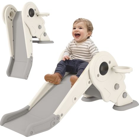 3-in-1 Kids Slide with Basketball Hoop, Climber, Anti-Slip Steps for Toddlers, Ages 2-5 Years, Cream White (1/5)