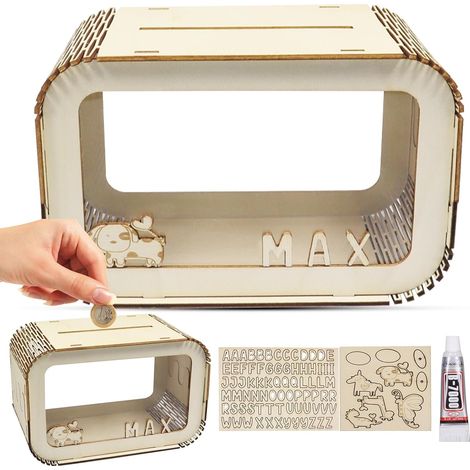 Tirelire en Bois, Tirelire Personnalisée pour Enfant Adulte, Boîte à économies avec Nom, Bricolage avec Les Lettres A à Z, Tirelire Billet Transparente Créative pour Cadeau Décoration Baptême (1/5)