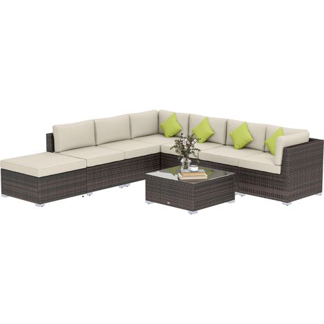 8 Piece Rattan Corner Sofa Set with Wide & Deep Seat, Assembled Aluminium PE Rattan Garden Furniture Set with Thick Cushions Glass Top Table for Outdoor, Conservatory, Mixed Brown (1/5)