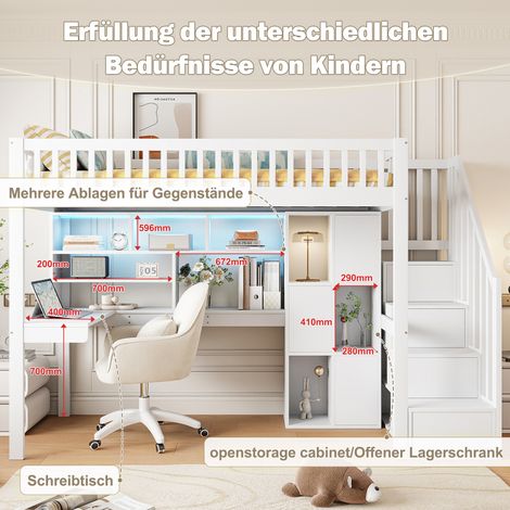 Lit surélevé 90x200cm avec éclairage LED, échelle de rangement, étagères, casiers, bureau intégré, sans matelas, blanc (1/5)
