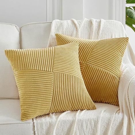 Taie d'oreiller de canapé housse coussin velours côtelé doux décorative à rayures citron 45x45cm 2Pcs Jaune (1/4)