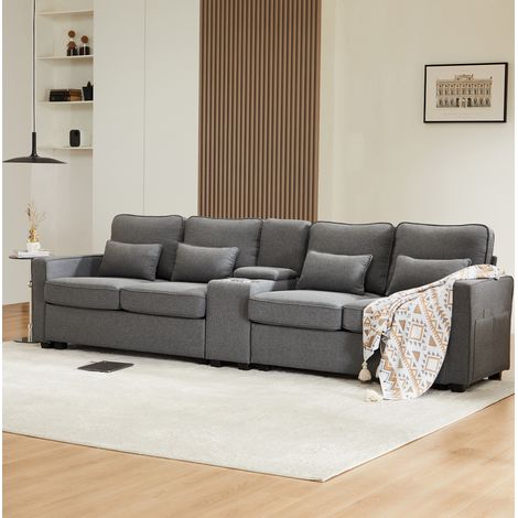 4-Sitzer-Sofa 290x83x88 cm dunkelgrau Leinenstoff mit Konsole, USB-Anschluss, Getränkehaltern und Stauraum (1/5)