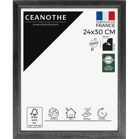 Cadre Photo Noir 24x30 cm et 30x24 cm – Convient au A4 - Cadre Photo bois Noir FSC effet patiné - Cadre Photo Perle Noir 24x30 cm - Fabriqué en France - Verre acrylique Incassable (1/5)