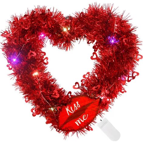 Red Heart-Shaped Wreath for Valentine's Day, Wedding Decoration, Lip-Shaped Wreath (With Lights) (1/5)