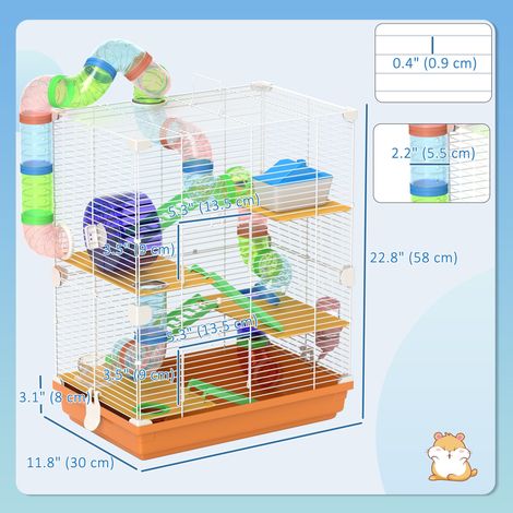 Cage portable orange à 5 niveaux pour hamsters, avec roues d'exercice, tube de jeu, biberon, gamelles, maison et échelle pour gerbilles. (1/5)