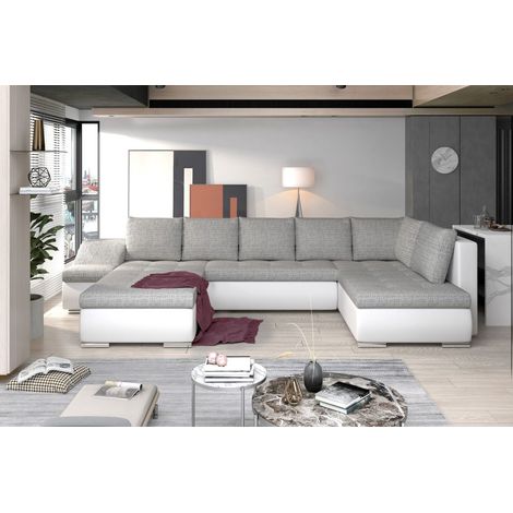 Canapé panoramique GYOVANI gris et blanc angle gauche convertible pieds métal