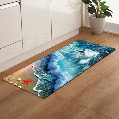 Tapis Anti-Fatigue - Fibre Polyester - Motif Coquillage et Étoile de Mer - Non Glissant avec Points PVC - Pour Cuisine Salle de Bain Entrée - 60 x 90 cm (1/5)