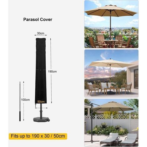 Housse Parasol Droit Imperméable Housse de Protection pour Parasol de 2m à 3m, Résistant au Vent, Anti-UV Tissu Oxford 420D Bache Parasols avec Tige (190x30/50cm) - Noir (1/3)