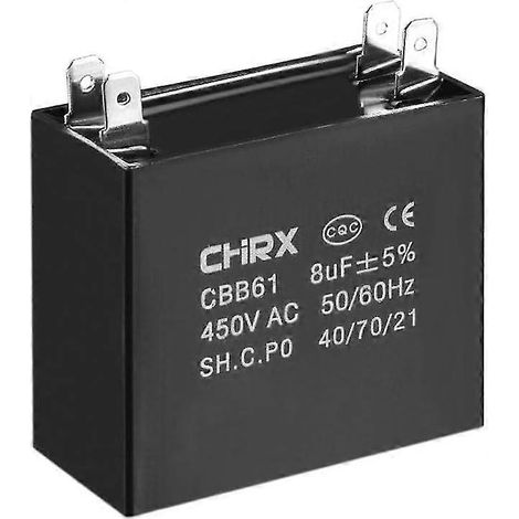 Condensateurs pour ventilateur de plafond AC - Insert bimétallique, film polypropylène - 47 x 23 x 41 mm - CBB61 8 µF 450 V (1/3)