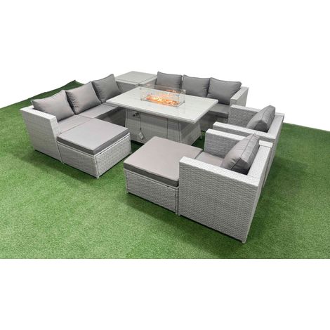 Fimous 10 Seat PE Rattan Lounge Sofa Set Outdoor Garden Furniture Set with Firepit Dining Table 3 Seater Sofa Side Table 2 Big Footstool Light Grey (1/5)