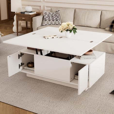 Table basse relevable - 100x50x55.5cm - espace de rangement dissimulé - charge jusqu'à 50 kg - Blanc (1/5)