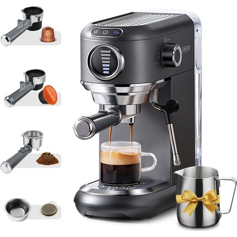 Machine à expresso MK-601F avec mousseur à lait, machine à porte-filtre avec sélection du volume de café à 7 niveaux, pour dosettes ESE et café moulu. (1/5)