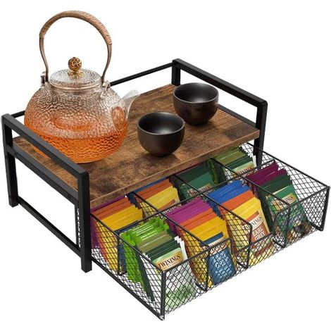 Porte-sachets de thé - Boîte à thé - Boîte de rangement - Boîte à thé avec tiroir - Porte-capsules de café - Étagère - Bois - Marron (1/5)
