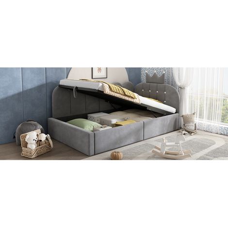 Cama diván 90x190 cm terciopelo gris, con almacenaje, para espacios pequeños, sin colchón – MEUBLIV (1/5)