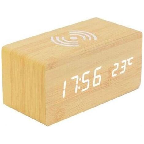 Réveil thermomètre numérique, réveil numérique en bois, réveil LED en bois avec fonction de chargement sans fil, réveil en bois avec chargeur à induction (1/5)