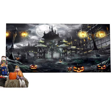 1 bannière de porte de garage Halloween, toile de fond suspendue 180x400 cm, décoration murale extérieure, cimetière hanté (1/5)