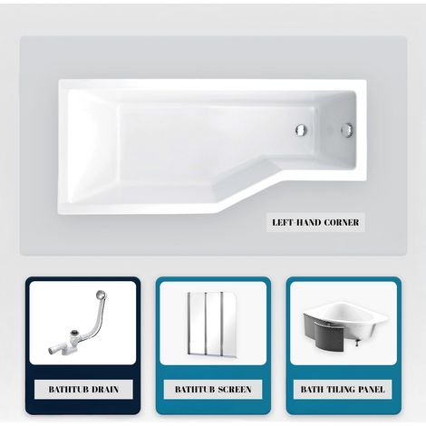Bañera asimétrica - 150 x 75 cm - Izquierda - con Revestimiento - Patas - Mampara de Bañera 3 Hojas - Desagüe Cromado - INTEGRA
