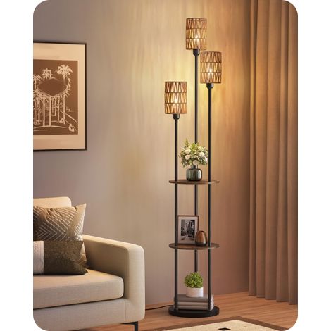 Lampadaire avec Étagère, Style Vintage, Rotin et Nero avec 3 Abat-jour en Tissu Lin et 1 Interrupteur à Pied, pour Salon, Chambre, Bureau (1/5)