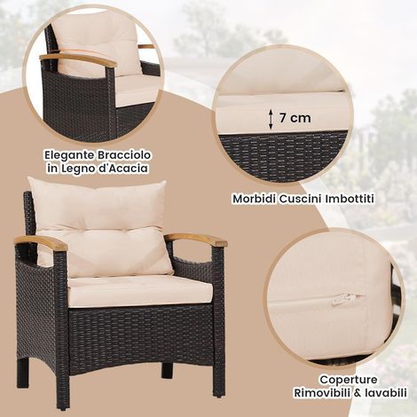 COSTWAY Set di 3 Pezzi di Mobili da Patio, 1 Tavolino e 2 Sedie, con Cuscino Rimovibile, Set di Divani in Rattan per Cortile Piscina Balcone e Patio (Beige) (1/4)