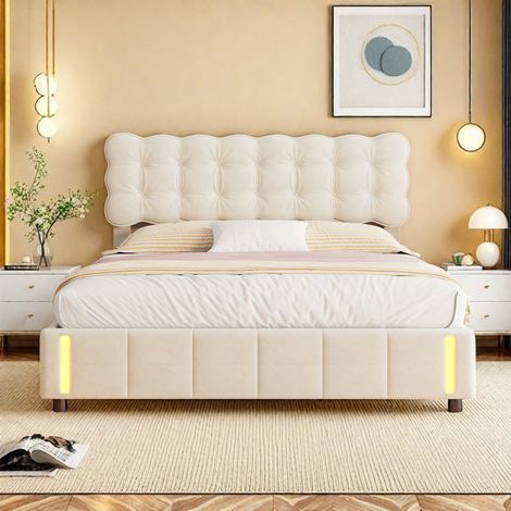 Lit coffre 140x190 avec LED, Cadre de Lit avec Rangement Spacieux & Sommier à Lattes, Beige Velours Lit capitonné pour Adultes et Ados (1/5)