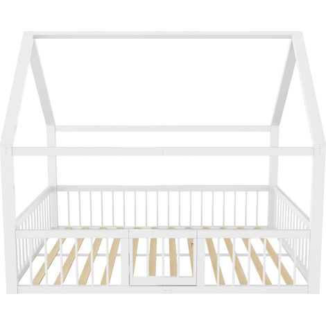 Lit cabane en métal blanc 140 x 200 cm avec barrières de sécurité, sans matelas