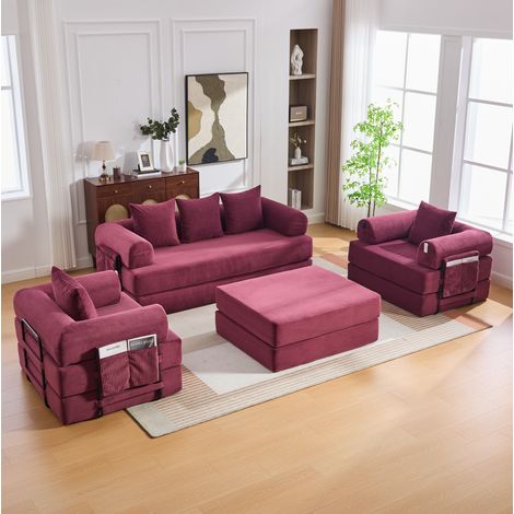 Sofá modular 200x190x67 cm de pana burdeos con puf para espacios pequeños – MEUBLIV (1/5)