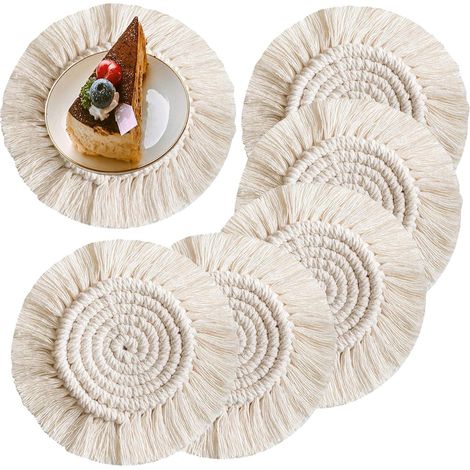 6 geflochtene Tischsets aus Baumwolle im Bohème-Stil mit Quasten, Untersetzer für Kaffee und Bier, Tischdekoration für Bars/Restaurants, 6er-Set (1/5)