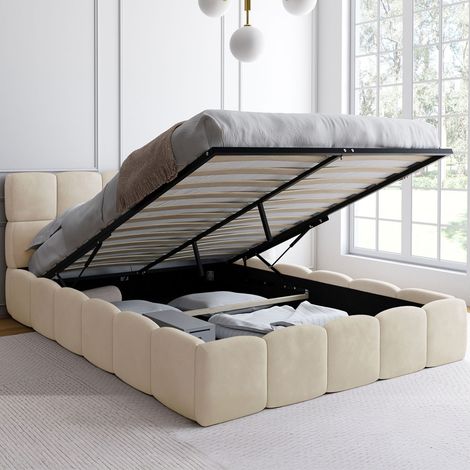 Cama de matrimonio NUAGE con cabecero acolchado y somier de terciopelo beige de 140 x 190 cm (1/5)
