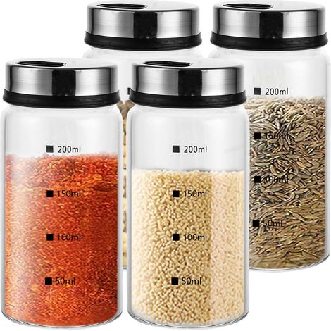 Lot de 4 pots à épices avec couvercle tournant, 200 ml, en verre borosilicate, salière et poivrière, pots à épices avec trous pour épices, salière pour cuisine, barbecue en plein air, art (1/5)