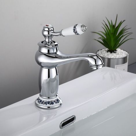 Grifo de baño retro, grifo mezclador victoriano de lujo con manija de cerámica, grifos para lavabo con mangueras flexibles, grifo mezclador de agua fría y caliente, latón, cromo. (1/5)