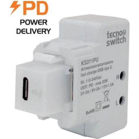 Caricatore Usb Tipo C Attacco Keystone 20W C 3A (Tecnoswitch Cod. Ks311Pu)