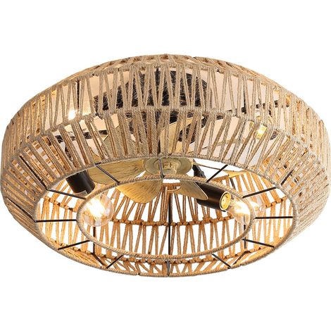 Eifson – Ventilateur de plafond 56 cm avec 7 pales en bois – Moteur CC réversible à télécommande – 4 ampoules E26 – 6 vitesses – Design bohème naturel (1/5)
