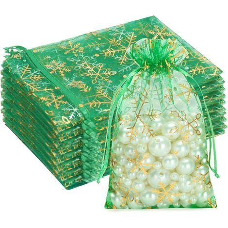 Sacs en Organza Noël: Petits Sachet Cadeaux en Organza avec Flocons de Neige, Sachets Vert 10x15 cm pour Cadeaux de Noël, Mariage, Anniversaire, Bonbons, Bijoux,50pcs (1/5)