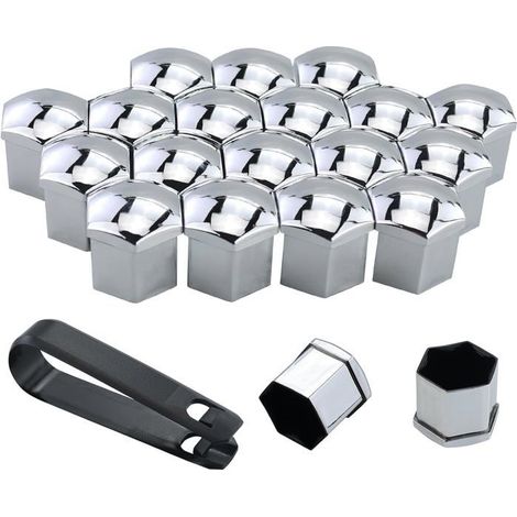 Lot de 20 cache-écrous de roue universels pour voiture (avec outil de démontage), cache-écrous hexagonaux (argent, 19 mm) (1/5)