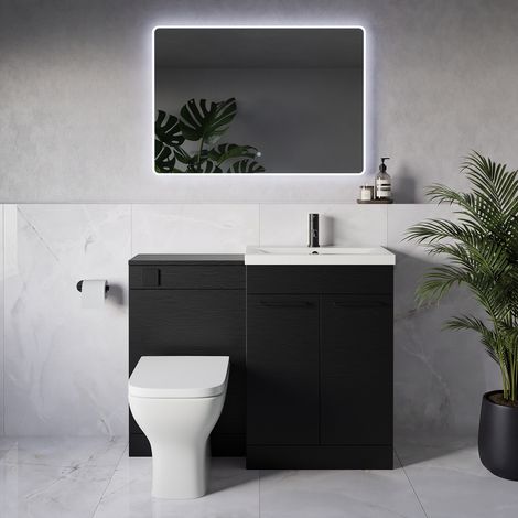 Napoli 390 Nero Oak 1100mm 2 Door Vanity Unit Toilet Suite with Glide Basin - 1100mm - Matt Black 160mm HandleWith Kingston Toilet Pan and Seat