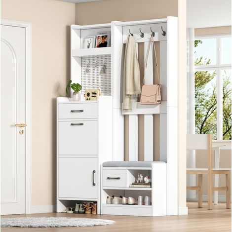 Appendino d'ingresso 7-in-1 con panca porta scarpe, 110 x 35 x 175,5 cm, bianco, REDOM (1/5)