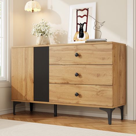 Sideboard aus Spanplatte in Schwarz/Natur, 120 x 35 x 76 cm, 1 Schrankfach und 3 Schubladen (1/5)