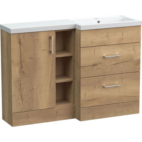 Wichnor Floor Standing 1 Door, 2 Drawer Vanity Basin Unit with Open Shelf and Polymarble Basin, 1200mm, Right Hand, Autumn Oak