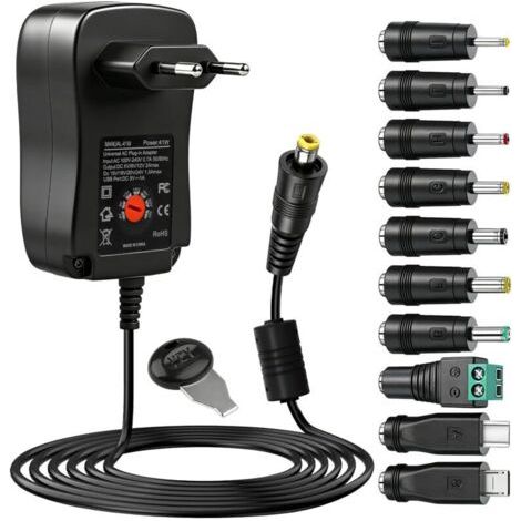 41W Chargeur Universel AC/DC 220-230v Transformateur d'Alimentation Adaptateur Réglable 6V, 9V, 12V, 15V, 18V, 20V, 24V Adaptateur Secteur avec 10 Embout pour PC Ordinateur, Routeur, Imprimante