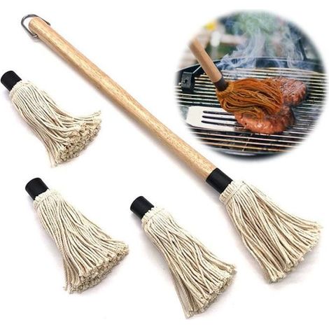 Kitchen Brush, Barbecue Brush with Long Wooden Handle, Food Brush + 3 Replacement Heads, for Brushing Oil, Sauces, BBQ (1/4)