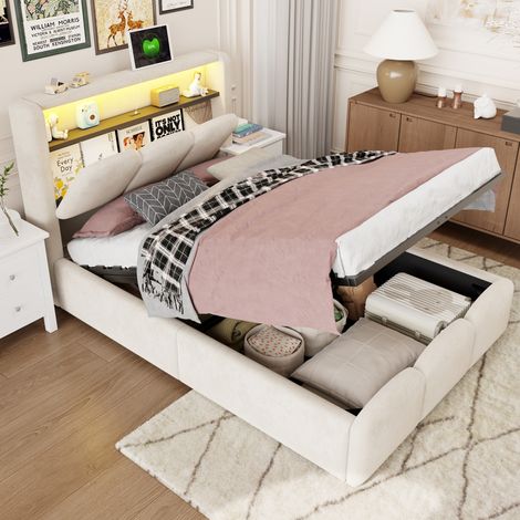 Lit coffre enfant 90x200 cm avec LED, ports USB et Type-C, rangement hydraulique, tête de lit, velours beige (1/5)