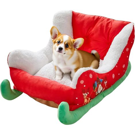 Lit Traîneau de Noël pour Chien/Chat 68x38 cm - Décoration Peluche Père Noël, Coussin Amovible, Salon Vacances (Petits Animaux) (1/5)